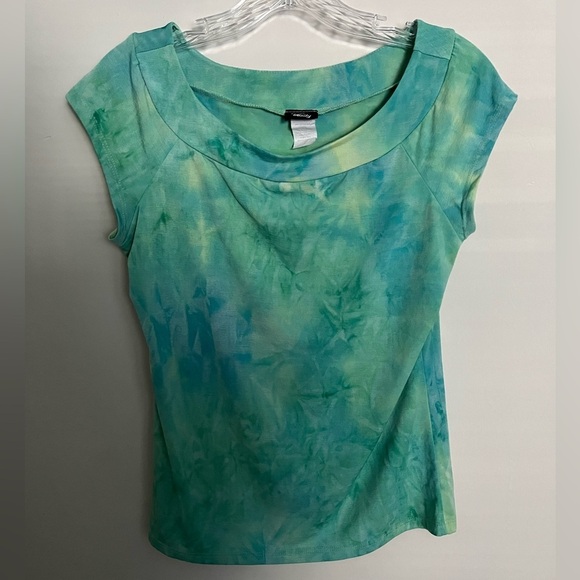 Vanity Women’s Turquoise Patterned Top, Cap Sleeves, Scoop Neck; Size L - Picture 3 of 8